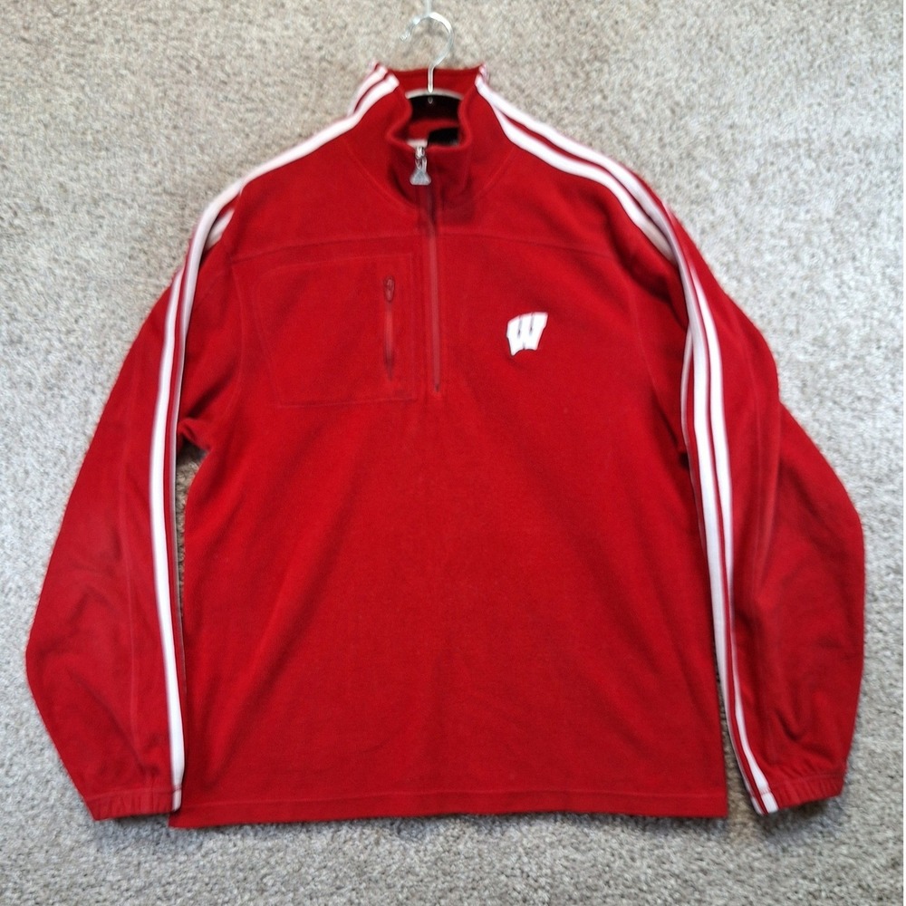 Adidas Pullover Mens L Red Wisconsin Badgers 1/4 Zip Fleece Jacket 3-Stripe Logo